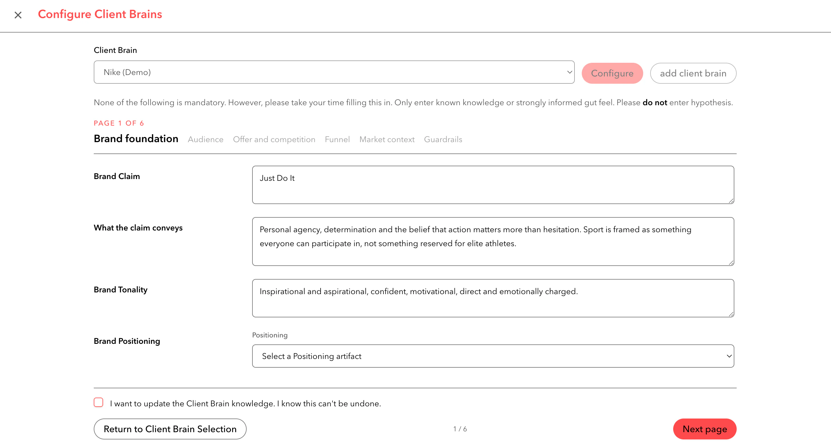 Mirel Client Brain demo showing structured client knowledge