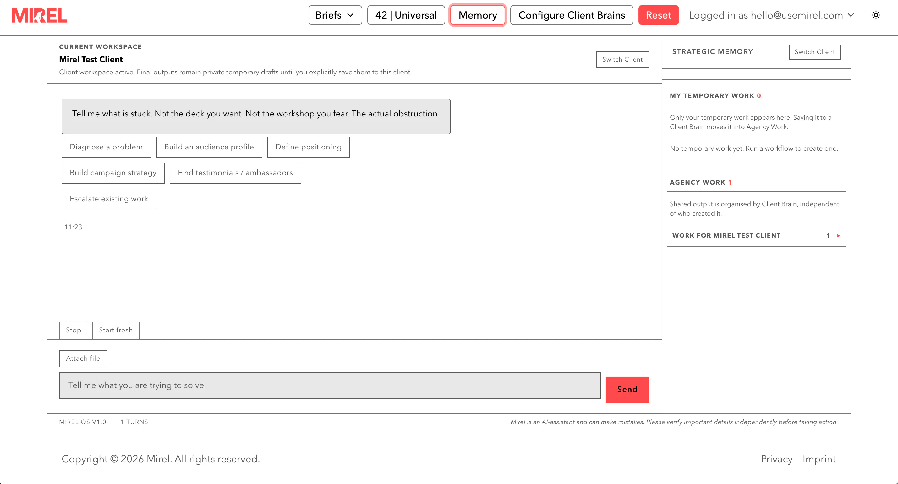 Mirel AI strategy workspace showing strategic workflows